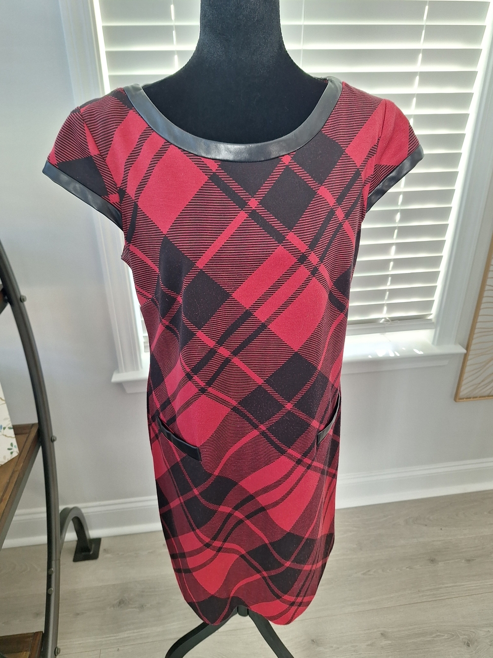 Red and Black Plaid Midi Dress with Faux-Leather Trim